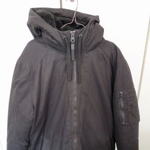 Roots Puff Black Winter Jacket With Fur Hoodie